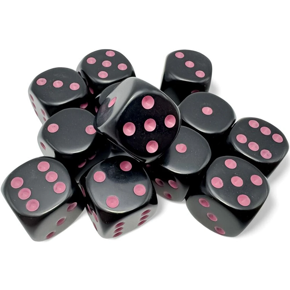 12 dés 6 16mm opaques noir avec points rose