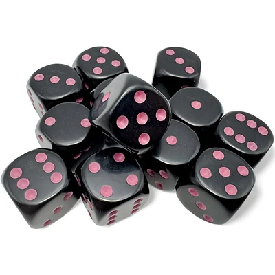 12 dés 6 16mm opaques noir avec points rose