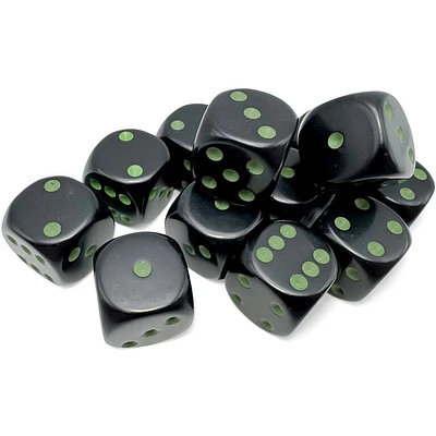 12 dés 6 16mm opaques noir avec points verts