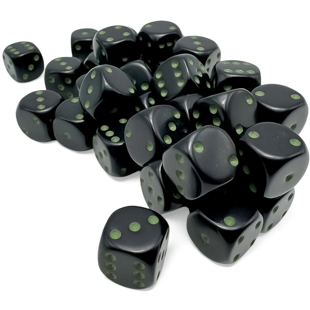 36 dés 6 12mm opaques noir avec points verts
