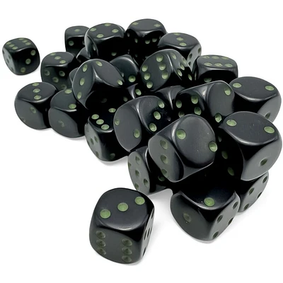 36 dés 6 12mm opaques noir avec points verts