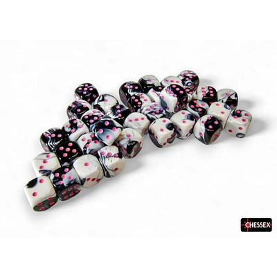36 dés 6 12mm Gemini noirs/blancs avec points roses