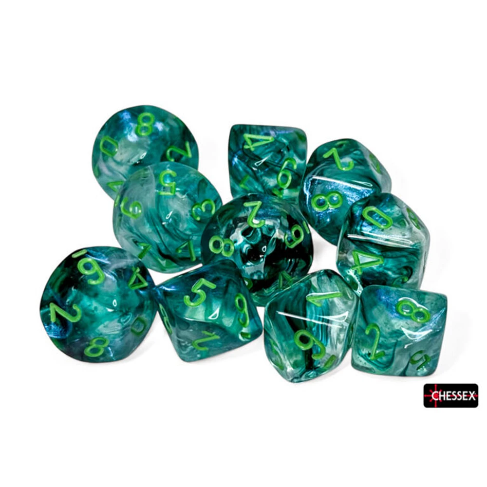 10 dés 10 Borealis Luminary kelp avec chiffres verts pâles