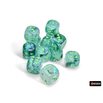 12 dés 6 16mm Borealis Luminary kelp avec points verts pâles