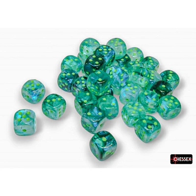 36 dés 6 12mm Borealis Luminary kelp avec points verts pâles