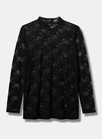 Sheer Stretch Lace Mock Neck Long Sleeve Top