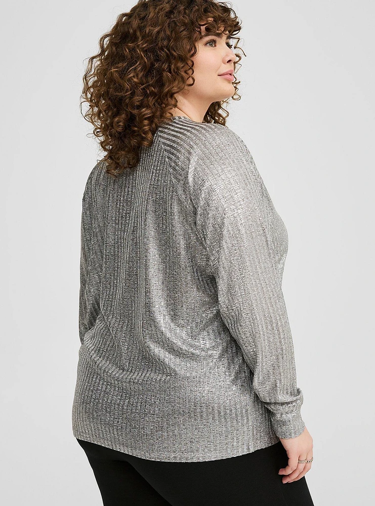 Supersoft Plush Foil Rib Crew Neck Top