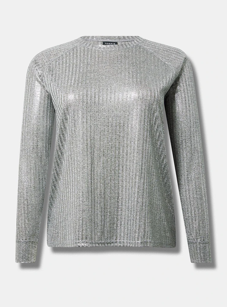 Supersoft Plush Foil Rib Crew Neck Top
