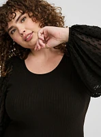 Ribbed Chiffon Balloon Sleeve Top