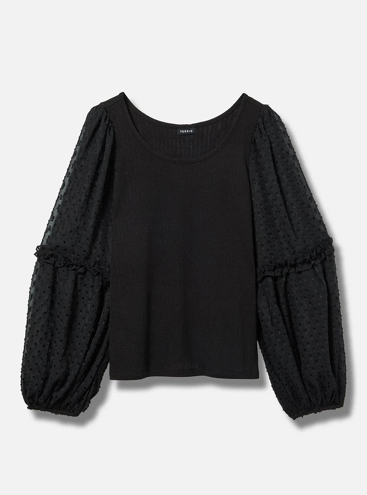 Ribbed Chiffon Balloon Sleeve Top