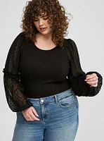 Ribbed Chiffon Balloon Sleeve Top
