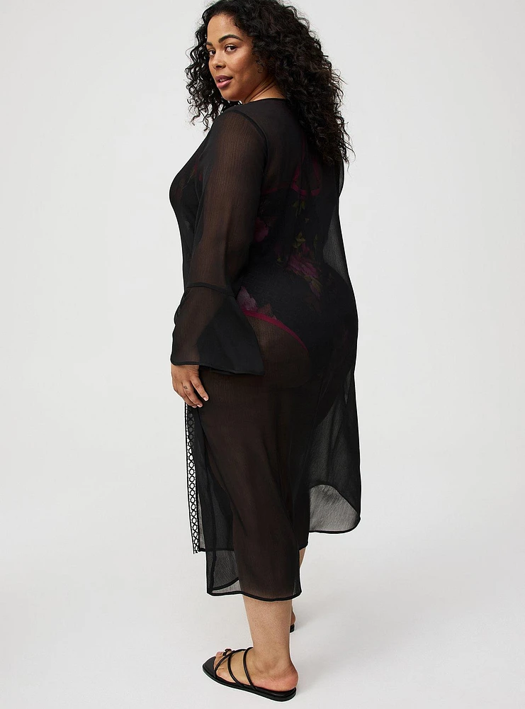 Tie-Front Crochet Maxi Kimono