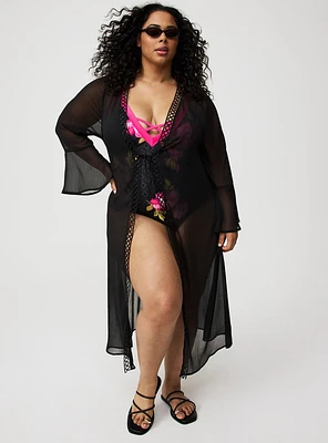 Tie-Front Crochet Maxi Kimono