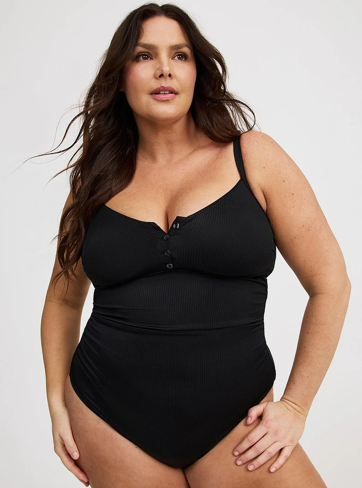Ribbed Button-Up One-Piece Swimsuit