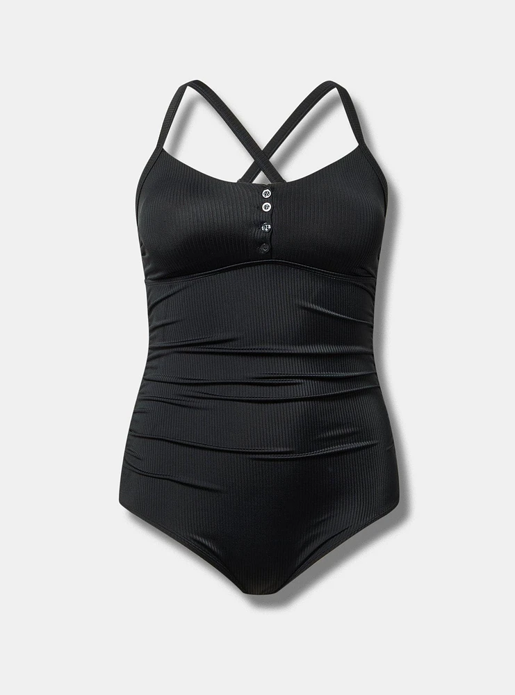 Ribbed Button-Up One-Piece Swimsuit