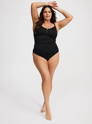 Ribbed Button-Up One-Piece Swimsuit