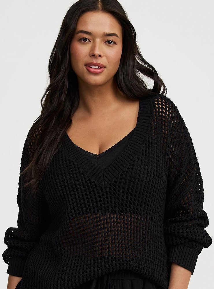 Open Stitch V-Neck Pullover