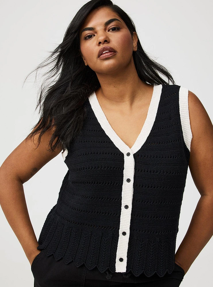 Contrast Trim Pointelle Sweater Vest