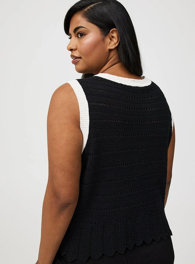 Contrast Trim Pointelle Sweater Vest