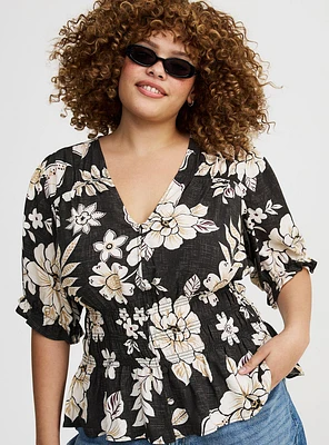 Peplum V-Neck Puff Sleeve Top