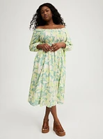 Challis Puff Sleeve Tea Length Dress