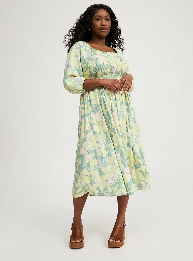 Challis Puff Sleeve Tea Length Dress