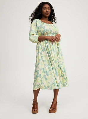 Challis Puff Sleeve Tea Length Dress