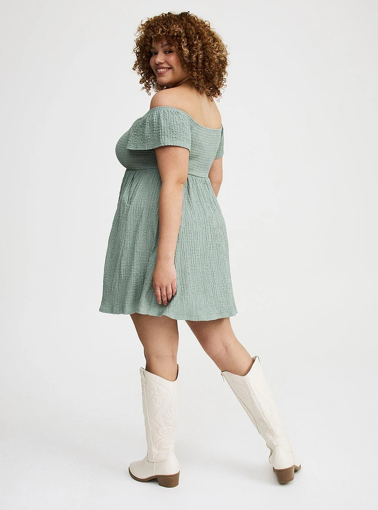 Smocked Skater Off-Shoulder Mini Dress