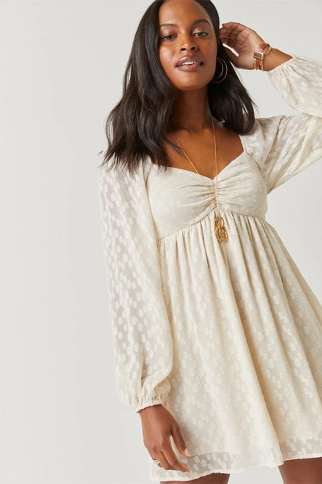 fitted lace wedding dress LONG SLEEVE JACQUARD SMOCKED MINI DRESS main image 0