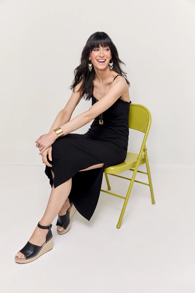 Sally Rib Knit Ruffle Trim Midi Dress
