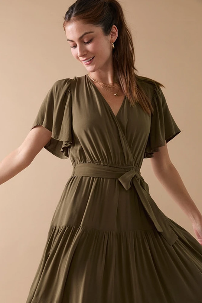 Norra Flutter Sleeve Midi Wrap Dress