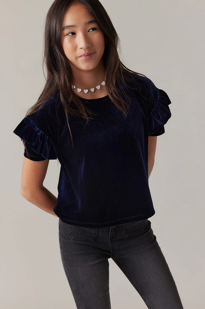 Hello Franki Ruffle Sleeve Velvet Top for girls
