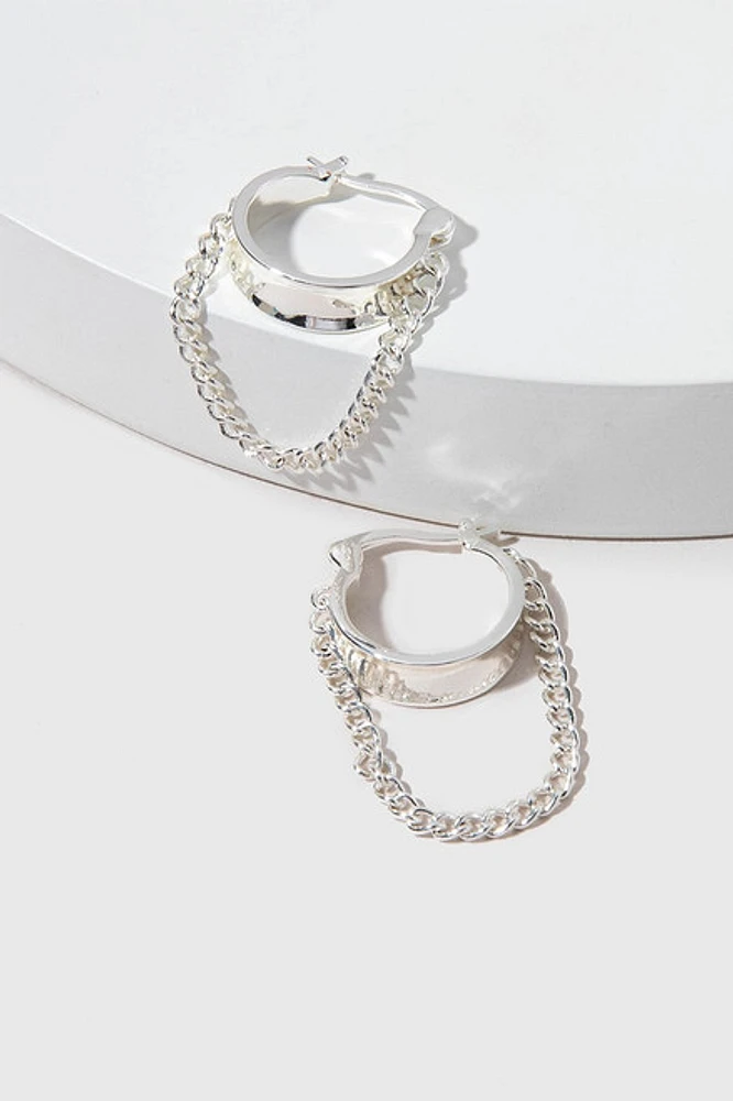Rosario Loose Chain Hoop On Thick Huggie Silver Earrings