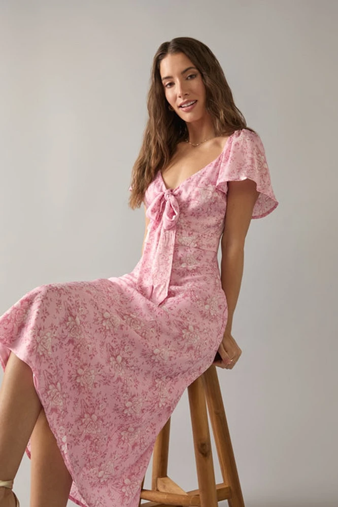 Maria Bow Tie Front Silky Floral Midi Dress