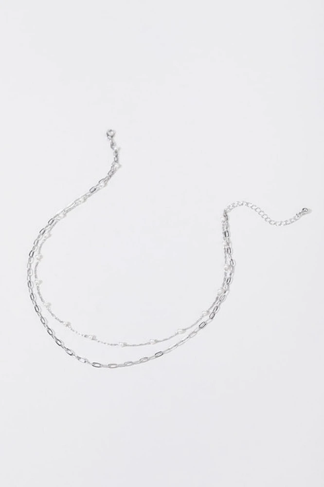Melissa Layered Chain Link And Pearl Station Silver Necklace