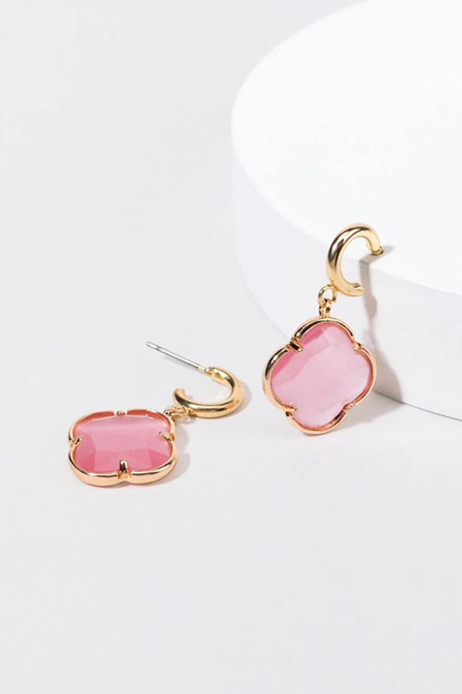 Jeanne Cat Eye Clover Charm On Huggie Hoop Earrings
