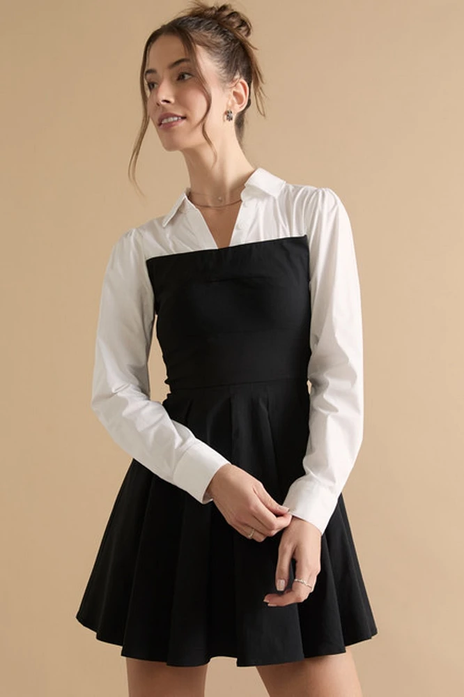 Amy Twofer Long Sleeve Shirt Top Mini Dress