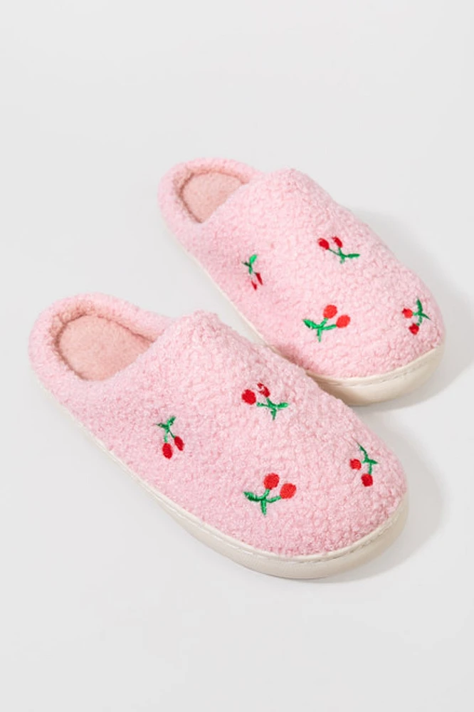 Anne Fuzzy Cherry Embroidered Slippers