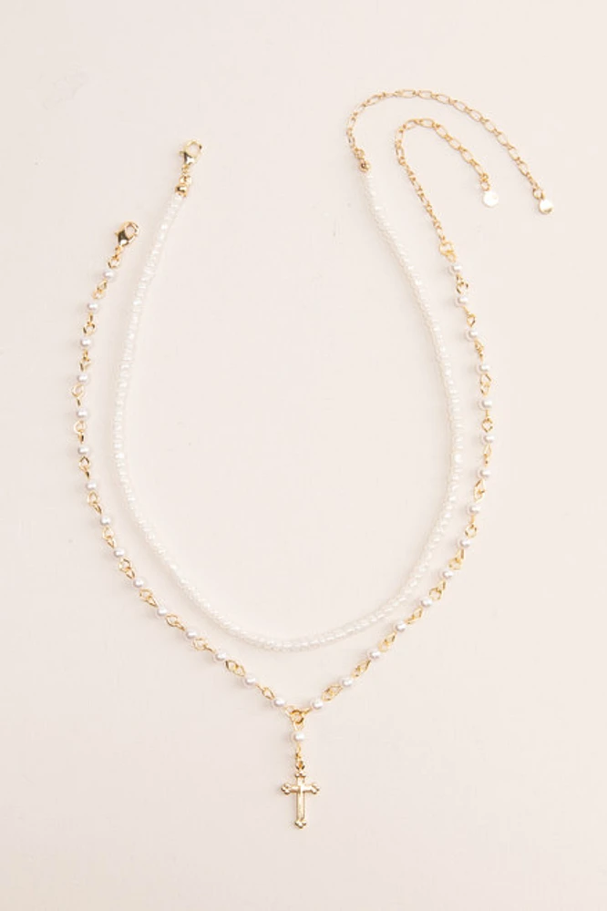 Hello Franki Cross And Pearl Necklace Duo for girls