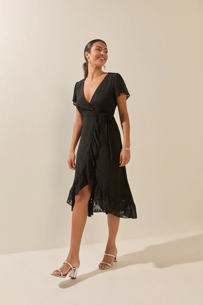 Jackie Jacquard Satin Wrap Midi Dress