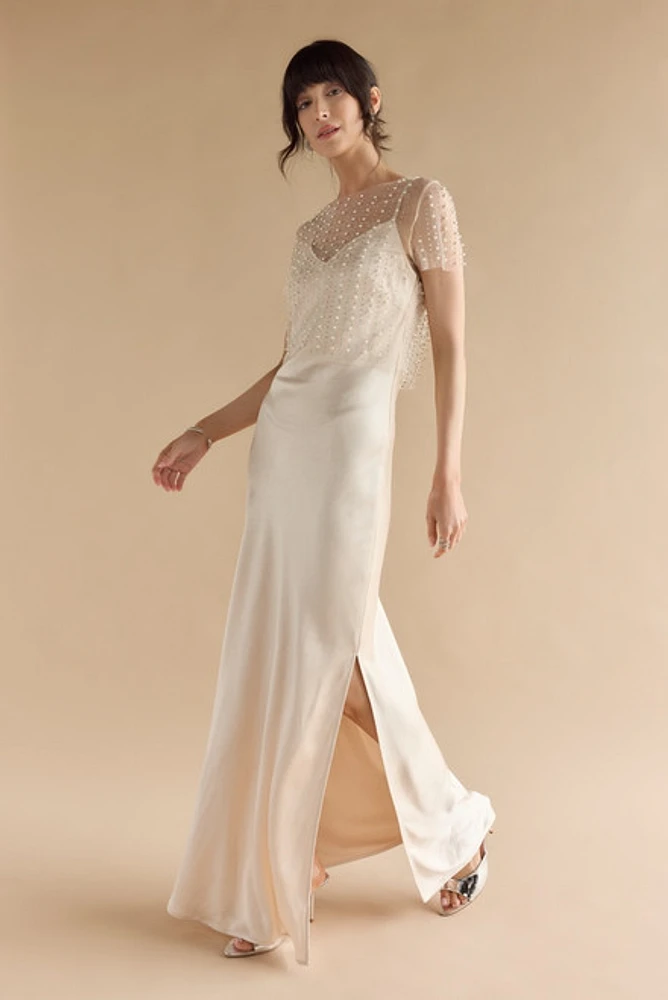 Jaiden Pearl Sheer Overlay Satin Dress