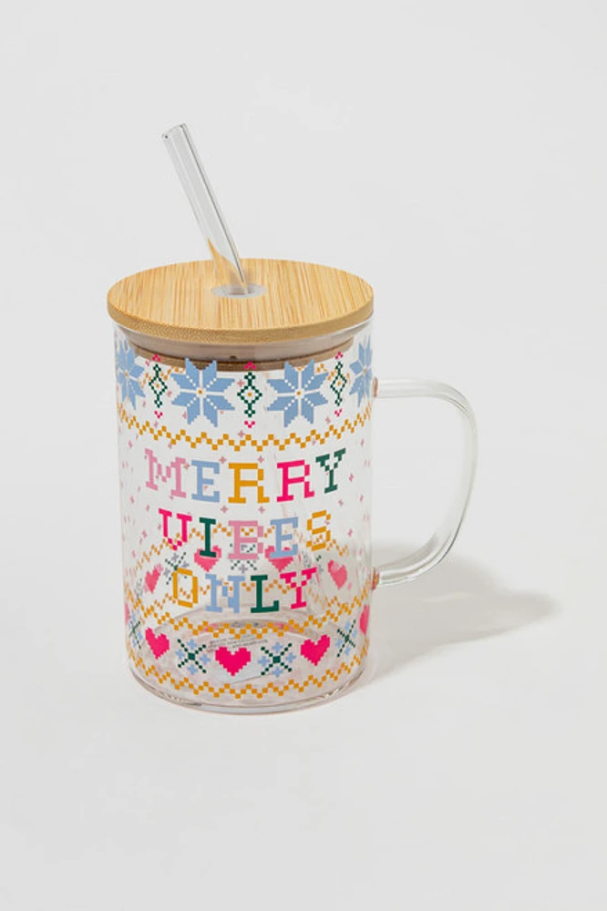 Merry Vibes Only Christmas Pattern Glass Jar With Straw Lid