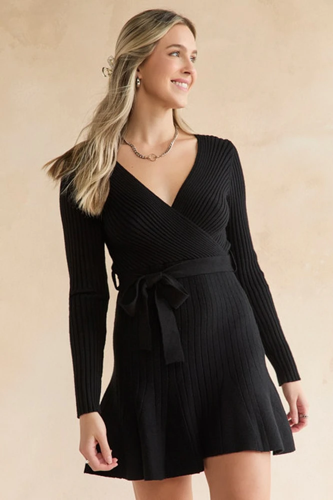 Sybil Tie Waist Wrap Sweater Dress