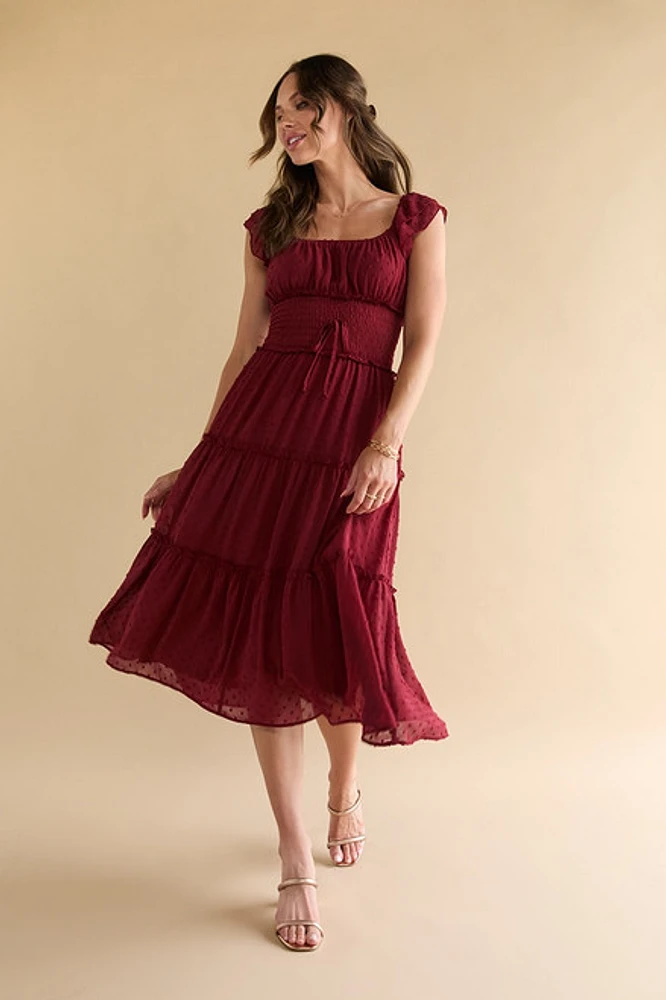 Bobbie Swiss Dot Pleated Tiered Midi Dress