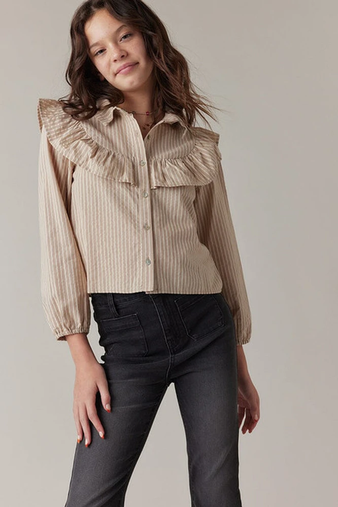 Hello Franki Ruffle Pinstripe Button Up for girls