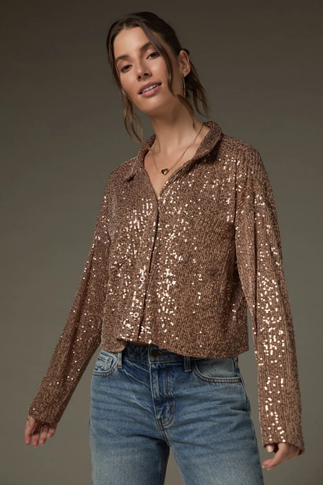 Alex Long Sleeve Sequin Button Down Top