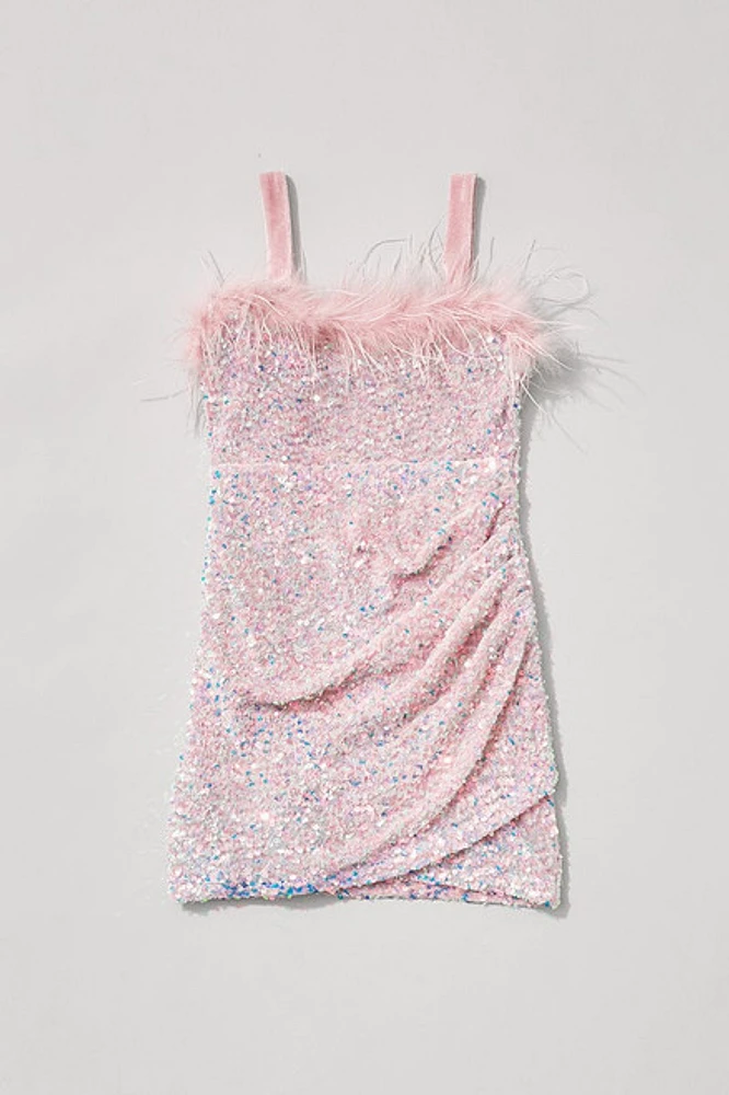 Hello Franki Sleeveless Feather Trim Sequin Dress for girls