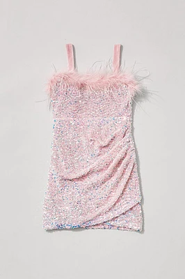 Hello Franki Sleeveless Feather Trim Sequin Dress for girls