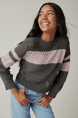 Hello Franki Open Stitch Chest Stripe Sweater for girls