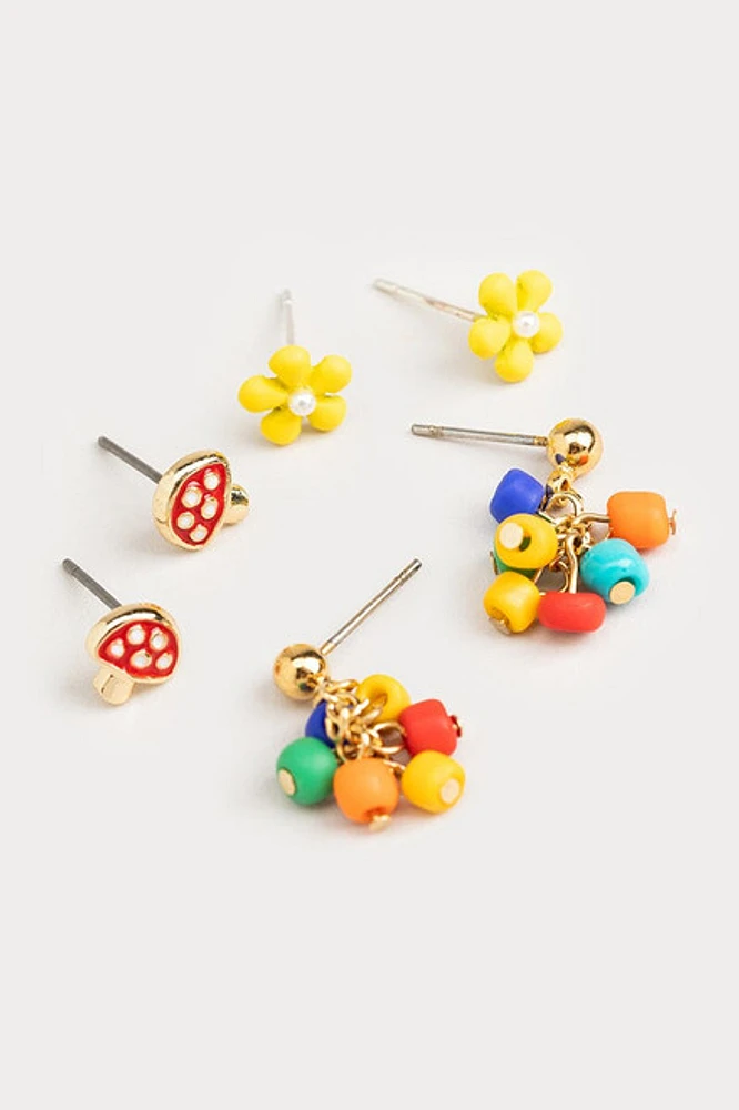 Hello Franki Bead Daisy And Mushroom Trio Set Earrings for girls